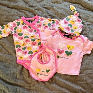John Deere Pink Baby Bib & Heart Print Outfit Set